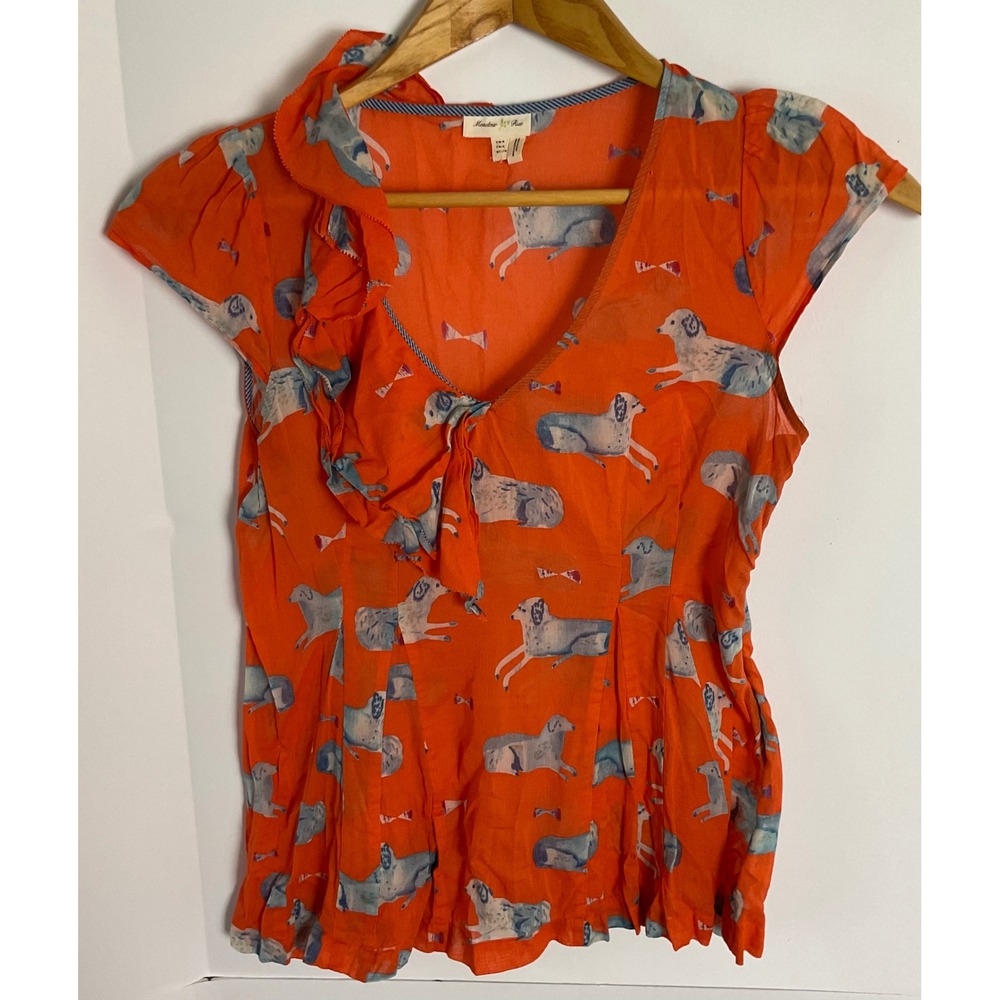 Meadow Rue Anthropologie Orange Dalmatian Dog Print Ruffle V-Neck Blouse Size 4